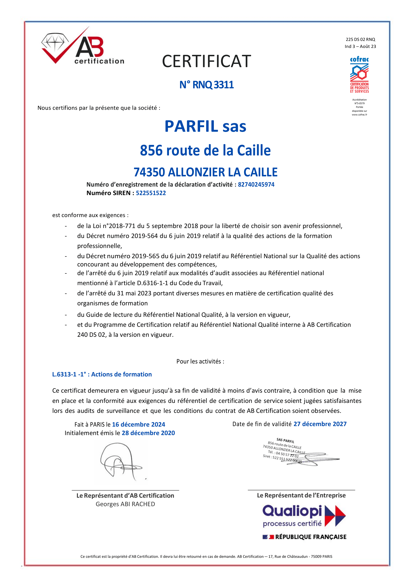 Certificat Qualiopi PARFIL